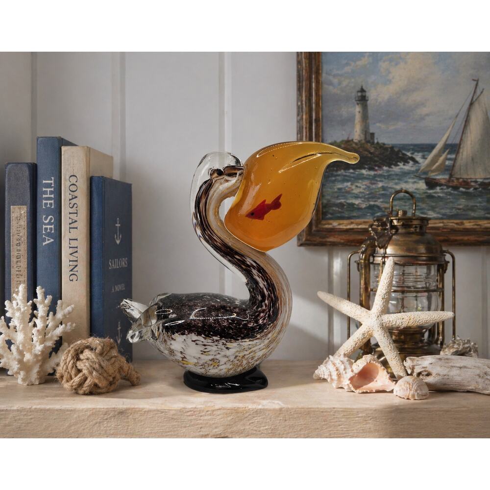 Murano Style Art Glass Pelican Figurine Amber Beak Fish Coastal Bird Sculpture
